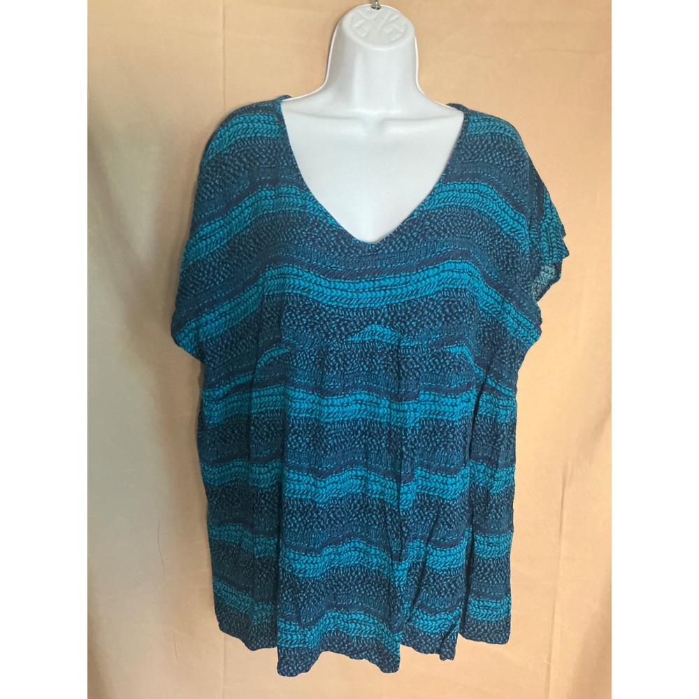 Liz Lange Maternity Top Women XXL Blue Teal Wavy Print V-Neck Empire Waist Exc